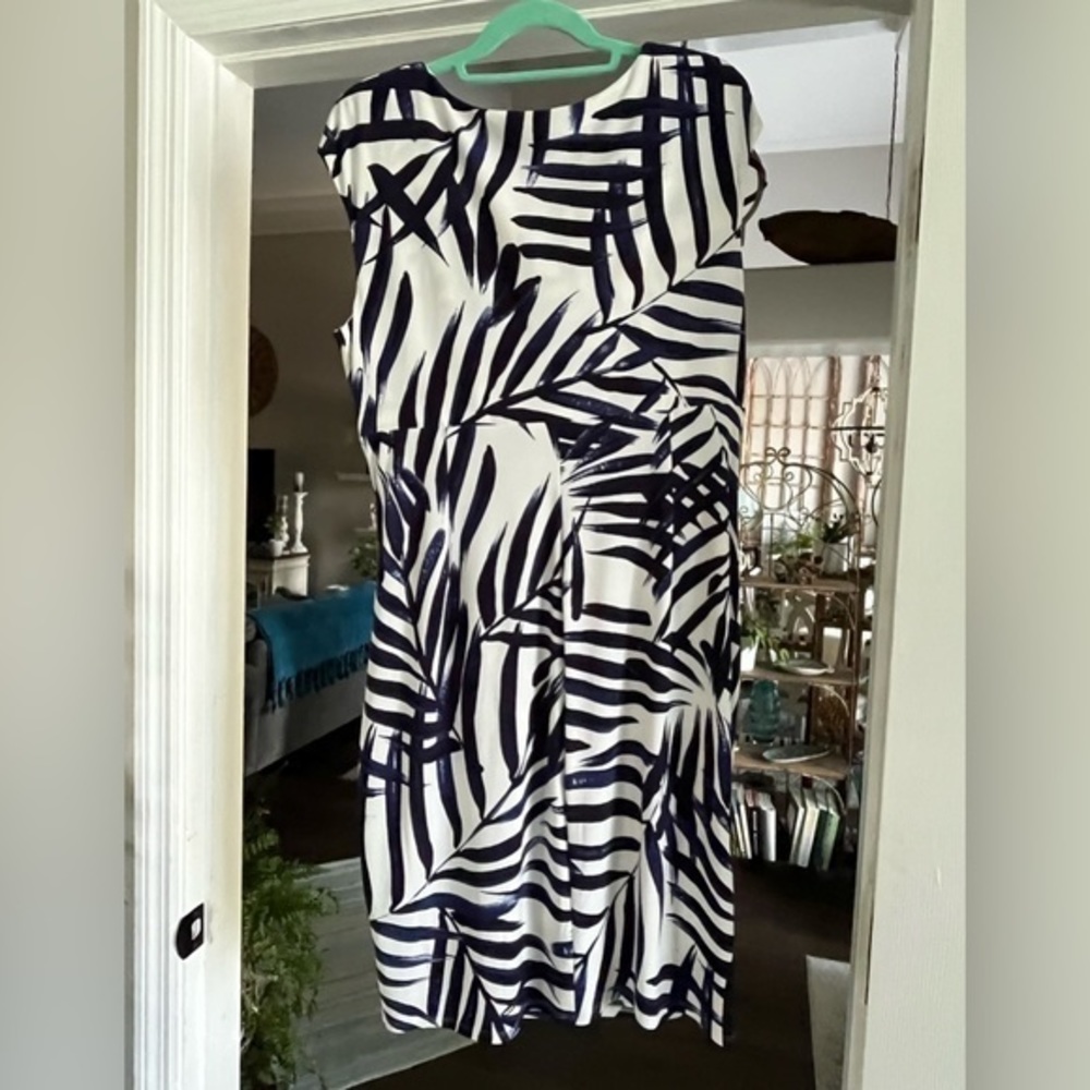 LAUREN Ralph Lauren Asymmetrical Ruched Front Black‎ Blue White Dress Size 16 - Picture 3 of 13